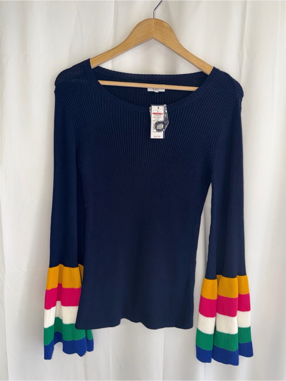 crown & ivy Navy Ribbed Sweater Top with Multicolor Bell Sleeves